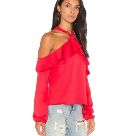Saylor West Cold Shoulder Ruffle Blouse in Red - Picture 3 of 9